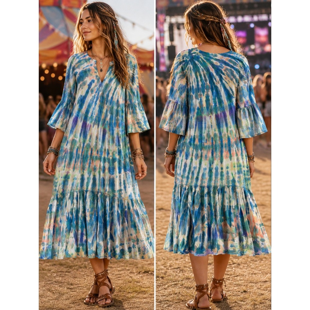 Tie Thai Tie Dye Tiered Midi Dress Women 38 medium Blue Multicolor